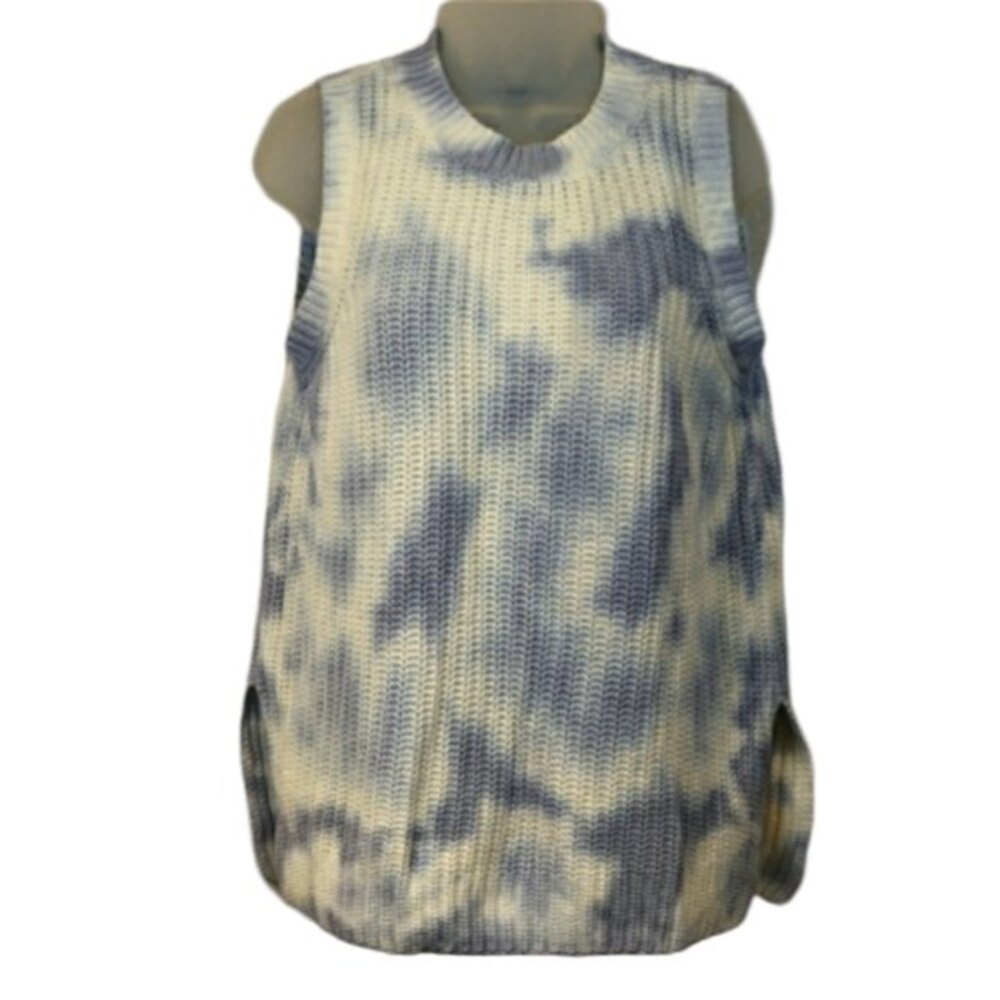 525 America White Blue Knit Tie Dye Sleeveless Side Slit Sweater LG